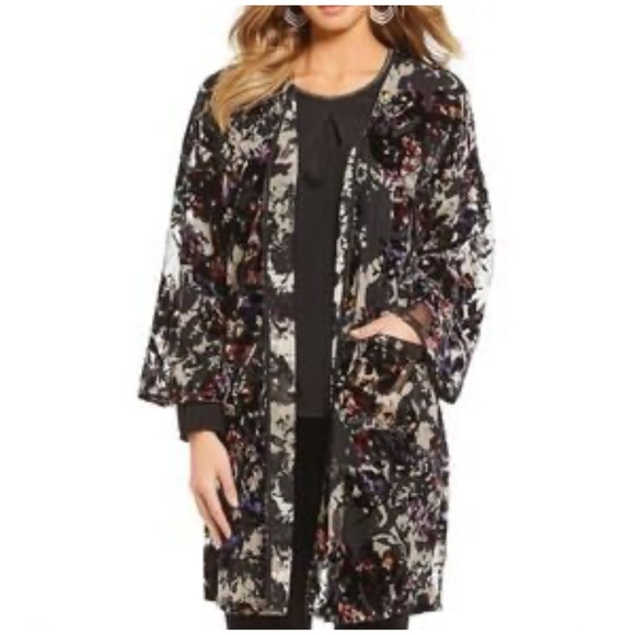 Gibson Latimer 2X Kimono Black Floral Velvet Burnout Sheer Cardigan Oversized - Picture 1 of 6